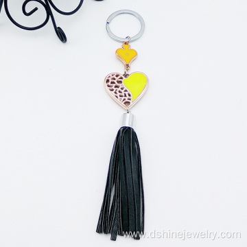 Gold Oil Heart Shape PU Leather Tassel Keychain Wholesale